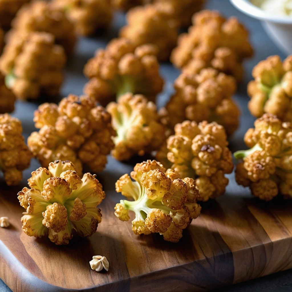 Crispy golden cauliflower bites drizzled with a glossy amber glaze, scattered across a rustic wooden board.