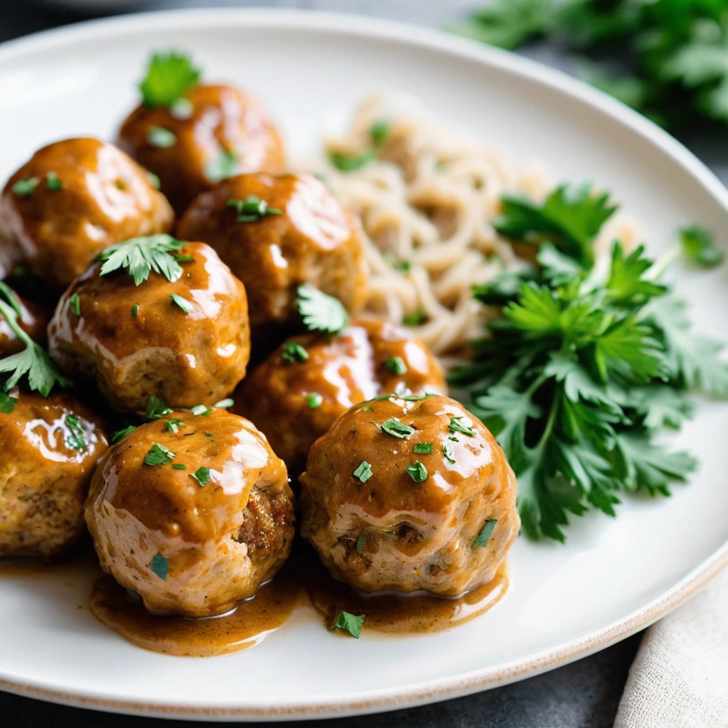 Golden brown chicken meatballs glazed with amber maple dijon sauce on a white plate with fresh parsley garnish.