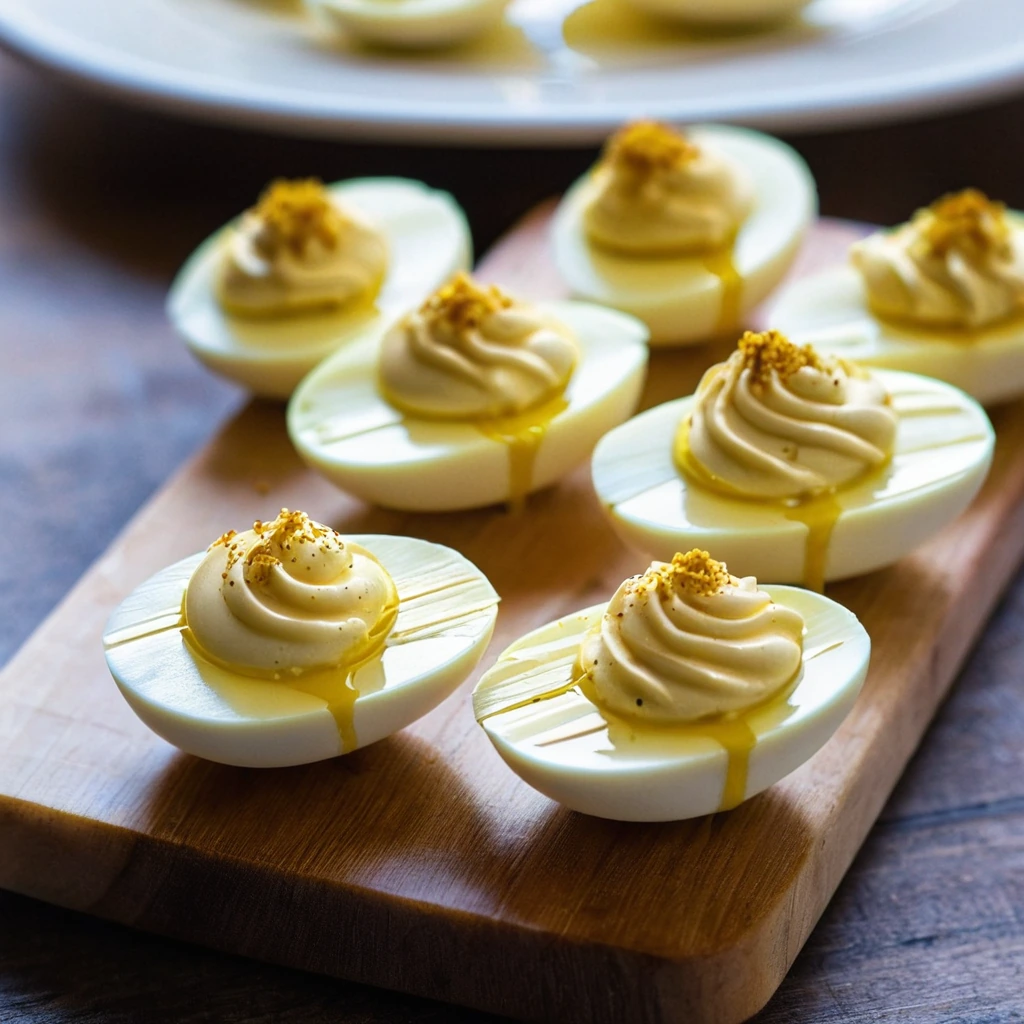 Six halved deviled eggs with golden yolks arranged on a rustic wooden board.