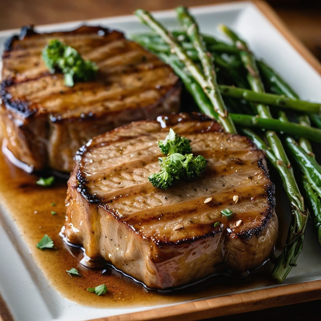 Four golden-brown pork chops glistening with a rich amber glaze, served on a rustic wooden board.