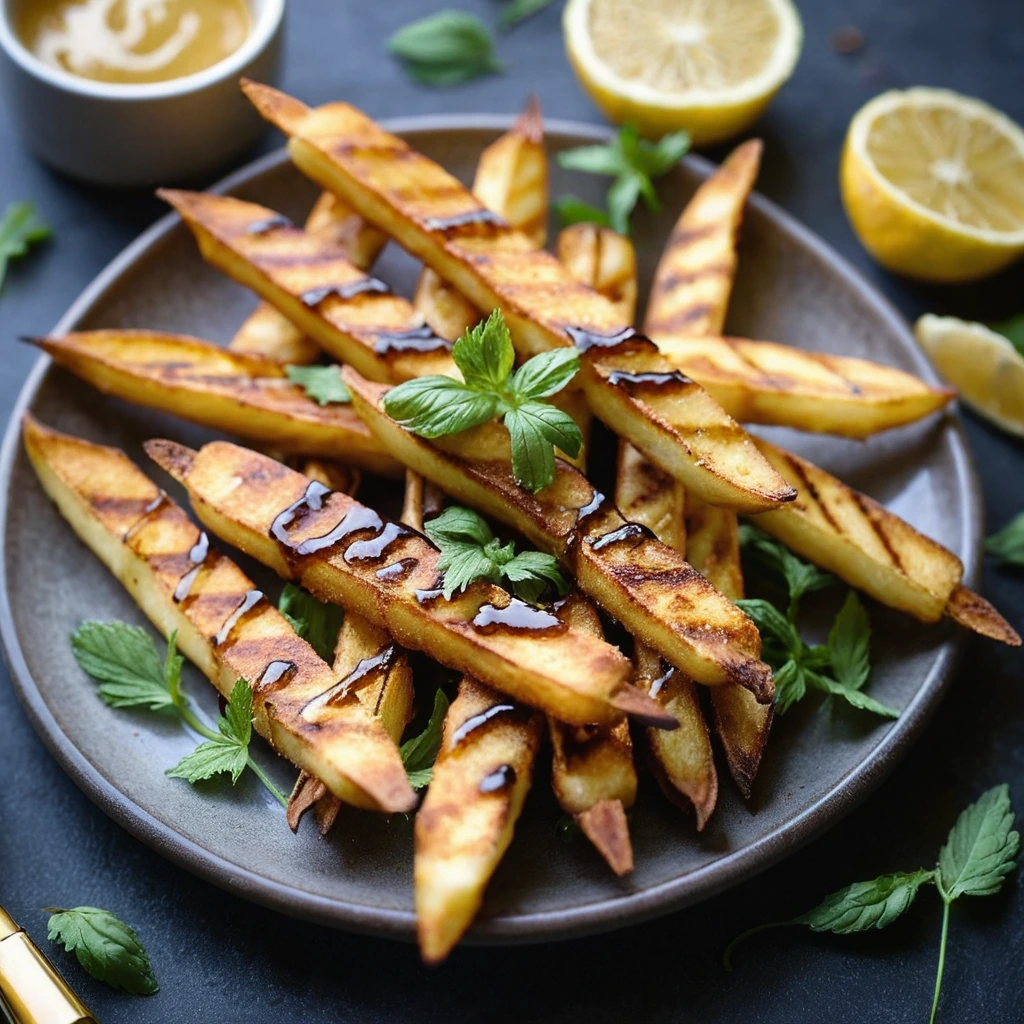 Golden halloumi fries arranged on a plate with a drizzle of amber maple Dijon glaze.