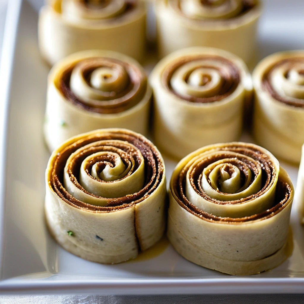 Golden pinwheel appetizers arranged on a platter with a glossy maple glaze.