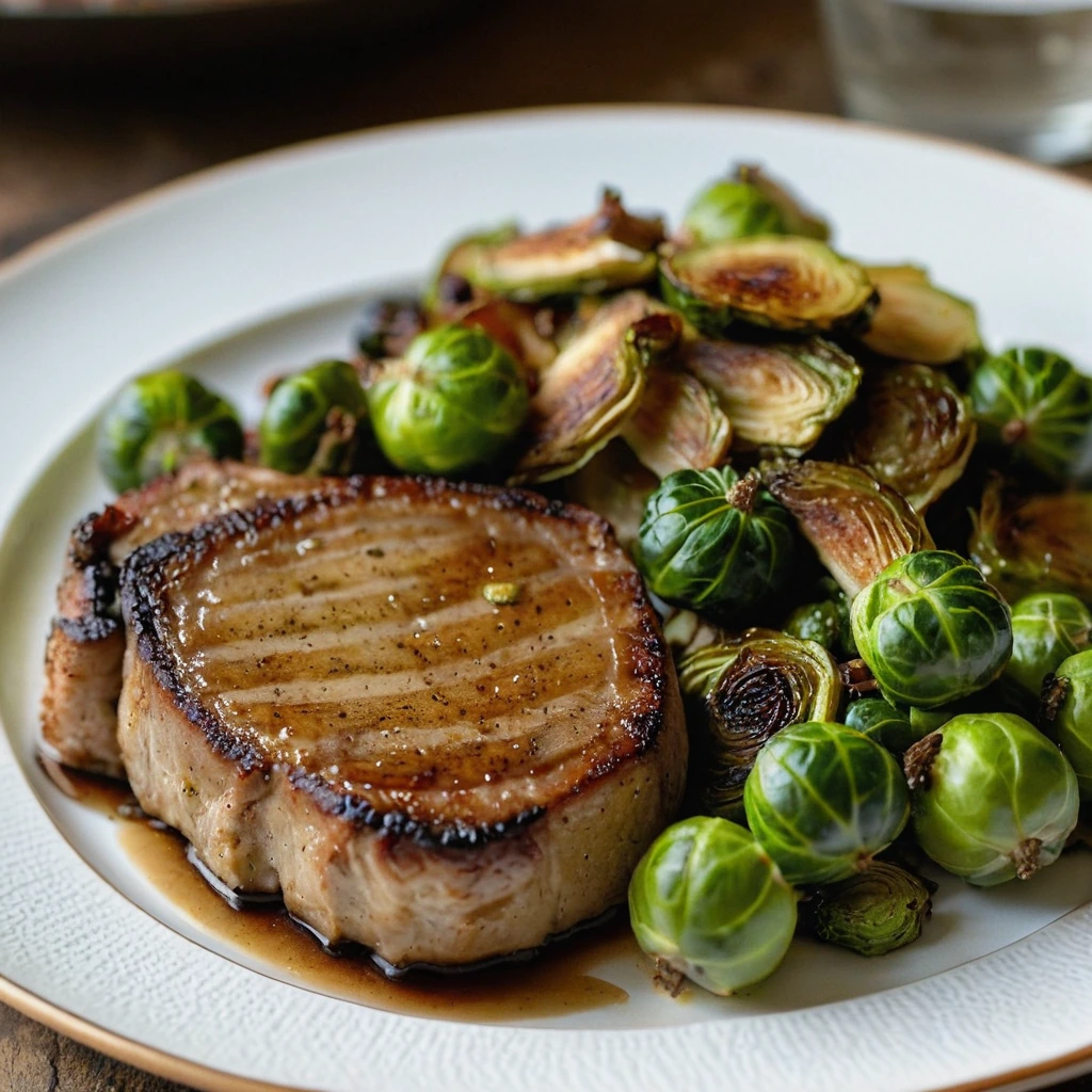 Golden brown pork chops with a shiny glaze, served with roasted caramelized Brussels sprouts on a rustic plate.