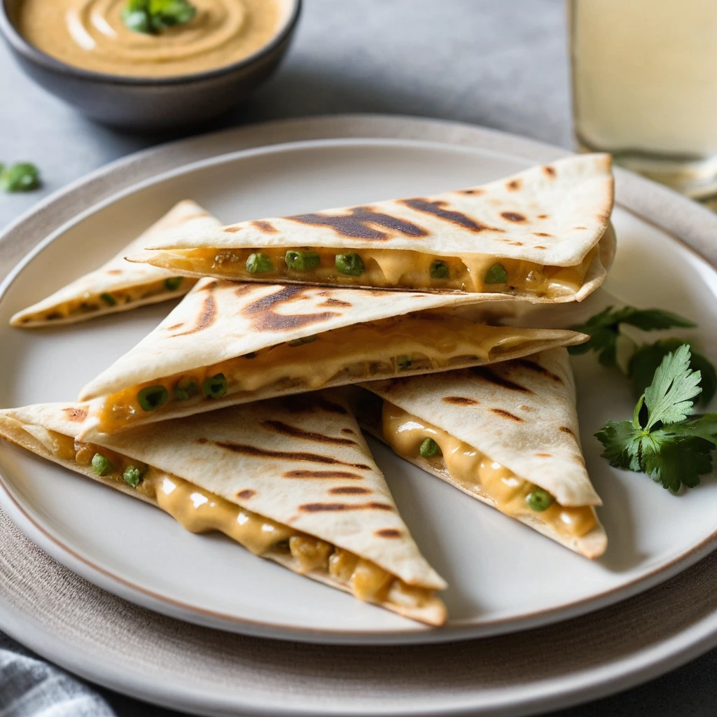 Golden quesadilla wedges arranged on a plate with melted cheese and a drizzle of maple dijon sauce.