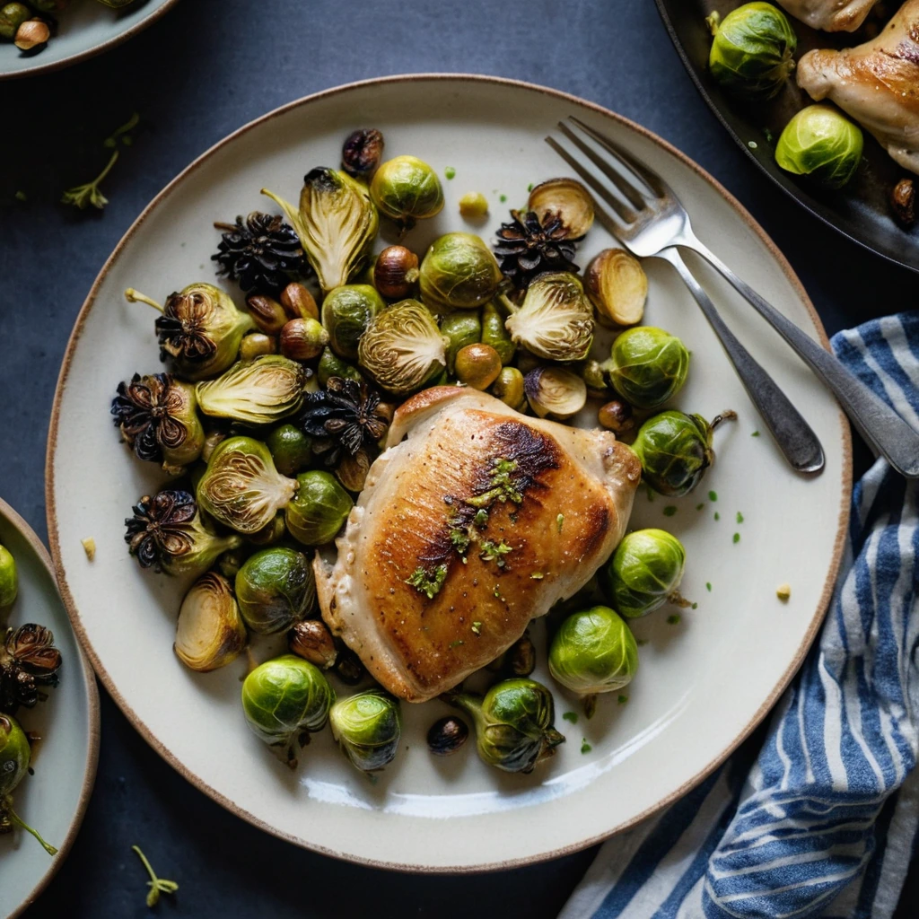 Sheet pan with golden roasted chicken thighs and caramelized brussels sprouts drizzled with a maple dijon glaze.