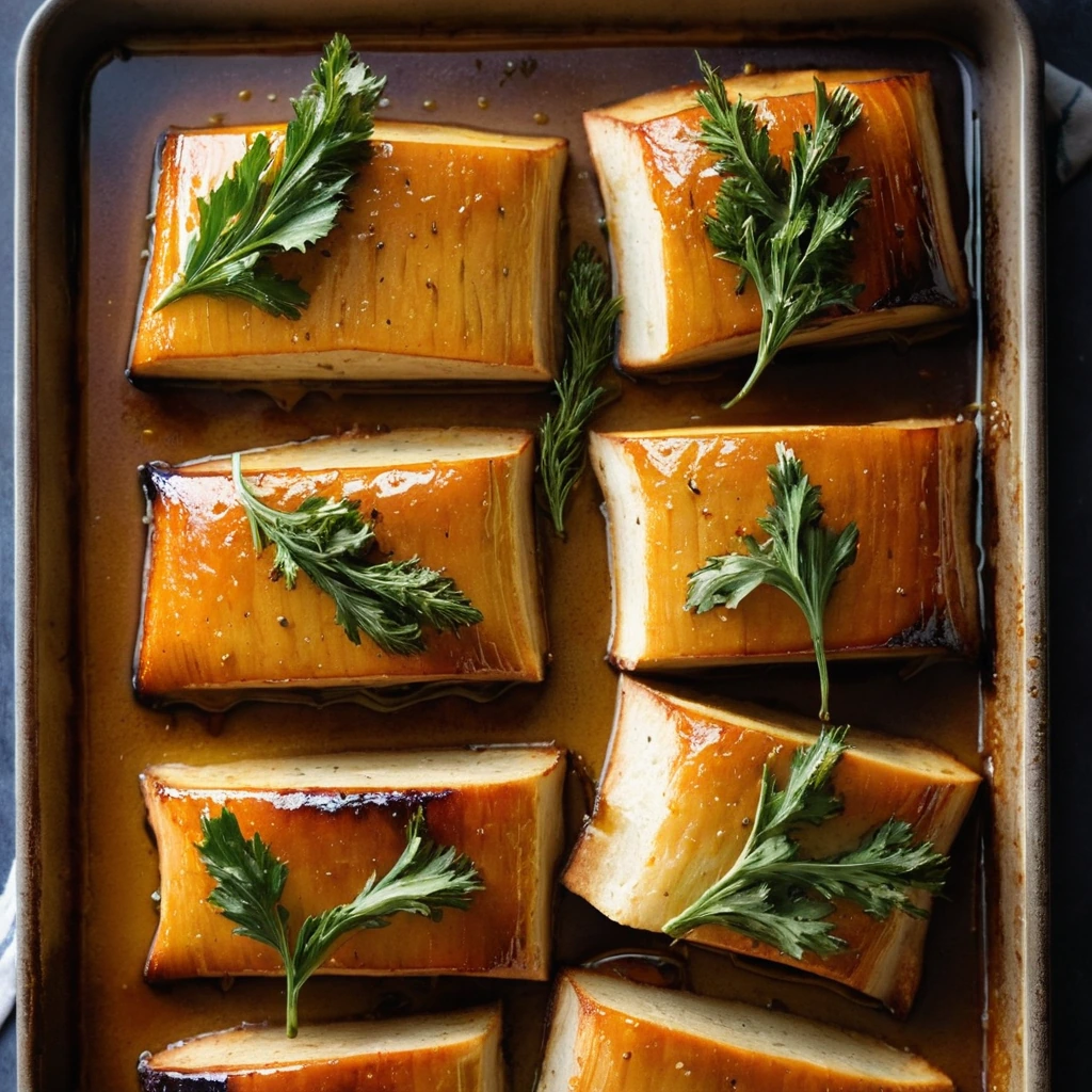 Glossy orange glaze drizzled over roasted vegetables and chicken on a sheet pan