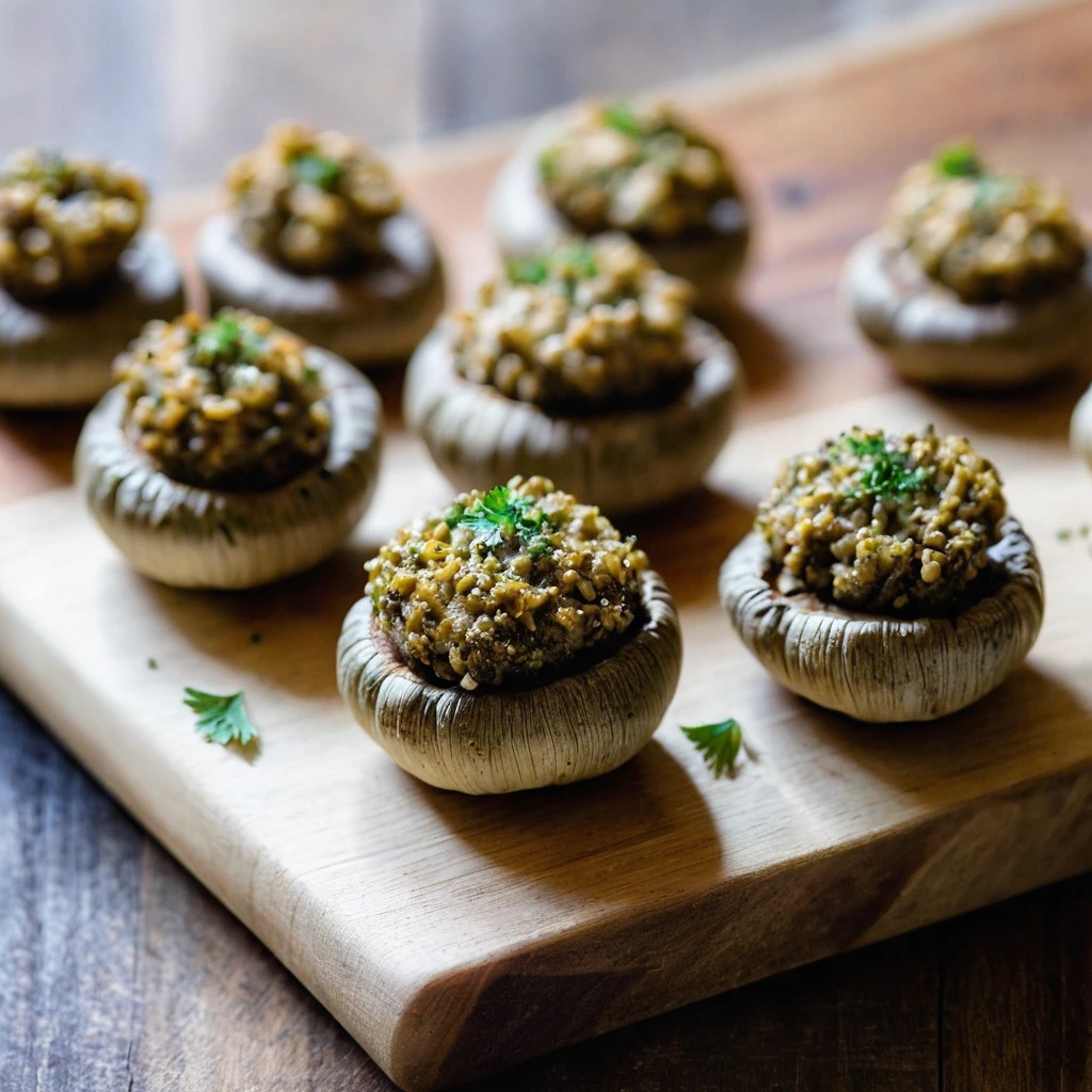 Golden mushrooms stuffed with a creamy, golden mixture, arranged on a rustic wooden board.