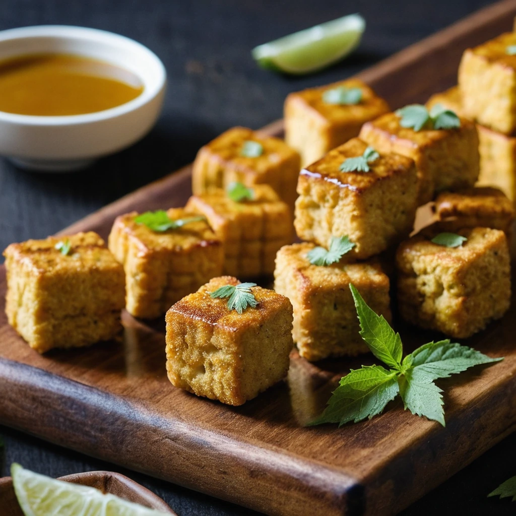 Golden brown tofu nuggets drizzled with amber glaze, arranged on a rustic wooden board.