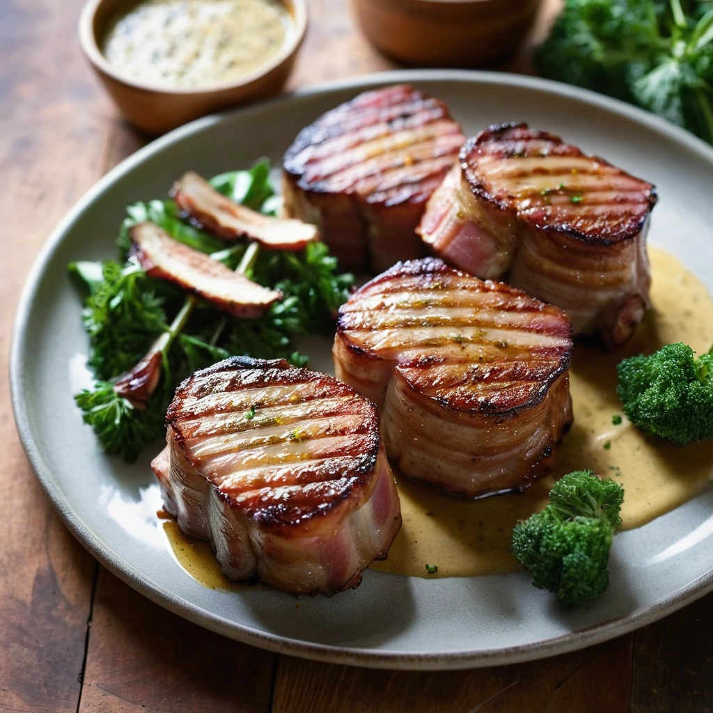 Four golden-brown pork chops wrapped in crispy bacon, drizzled with a shiny maple mustard glaze on a rustic wooden board.
