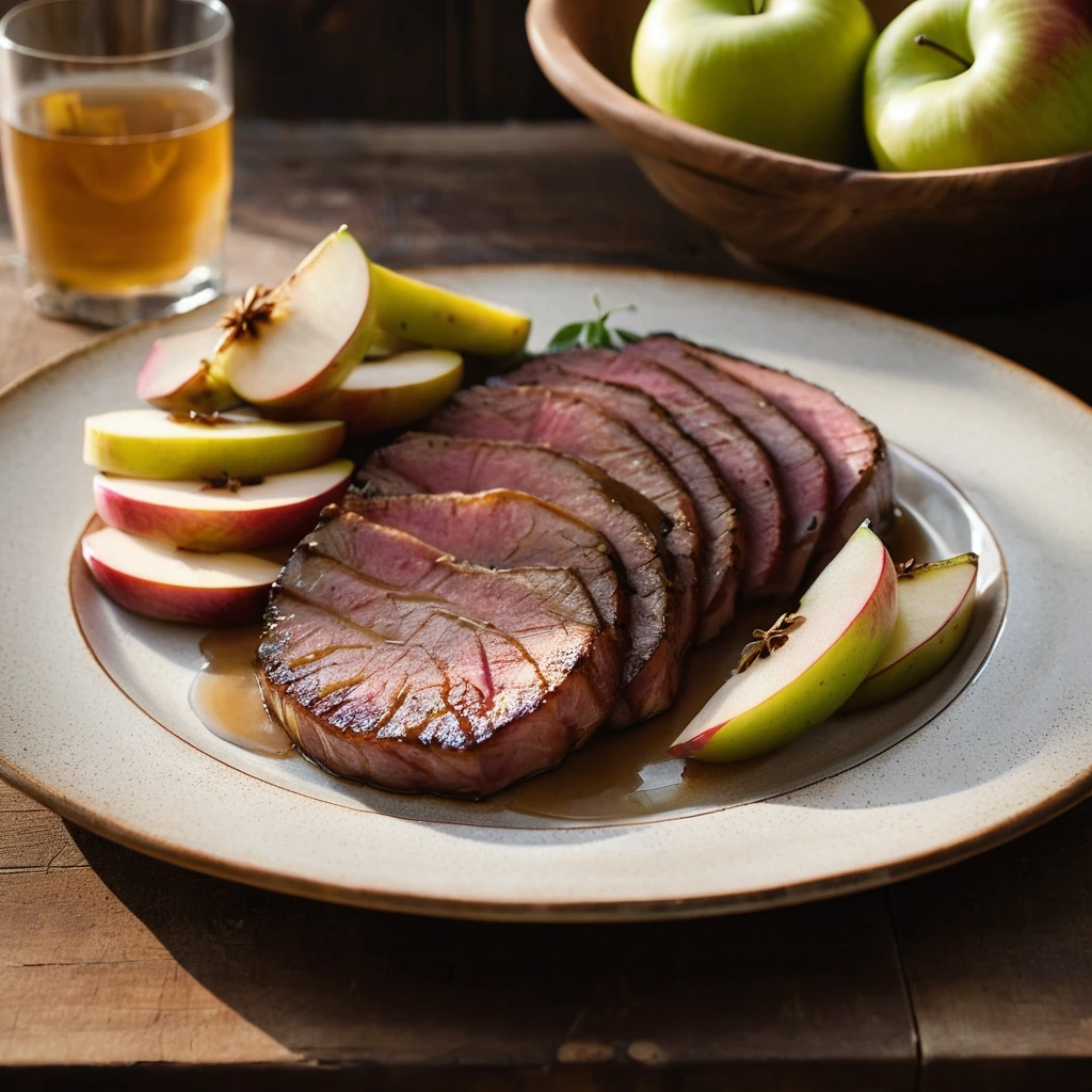 Golden ham steak with caramelized apple slices and a glossy glaze on a rustic plate.