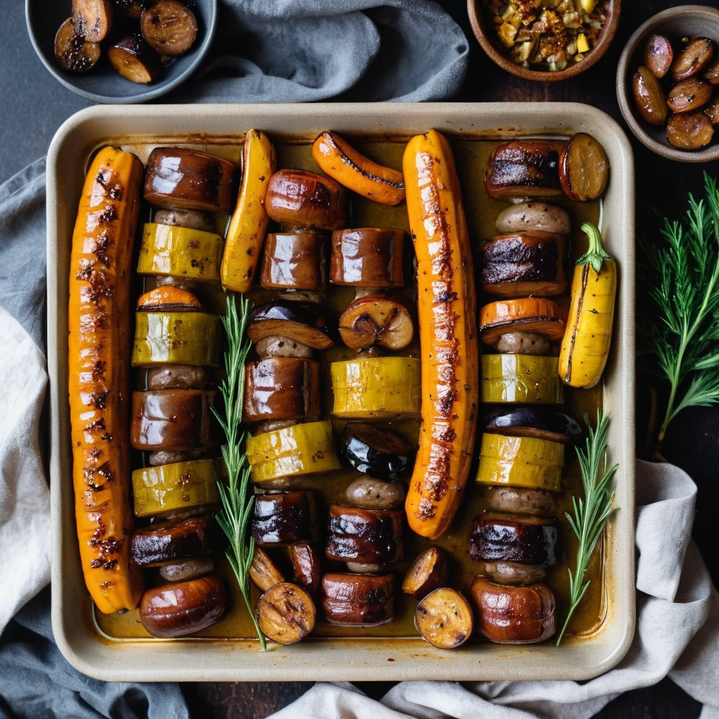 Sheet pan with golden roasted vegetables and caramelized sausages drizzled with a shiny glaze