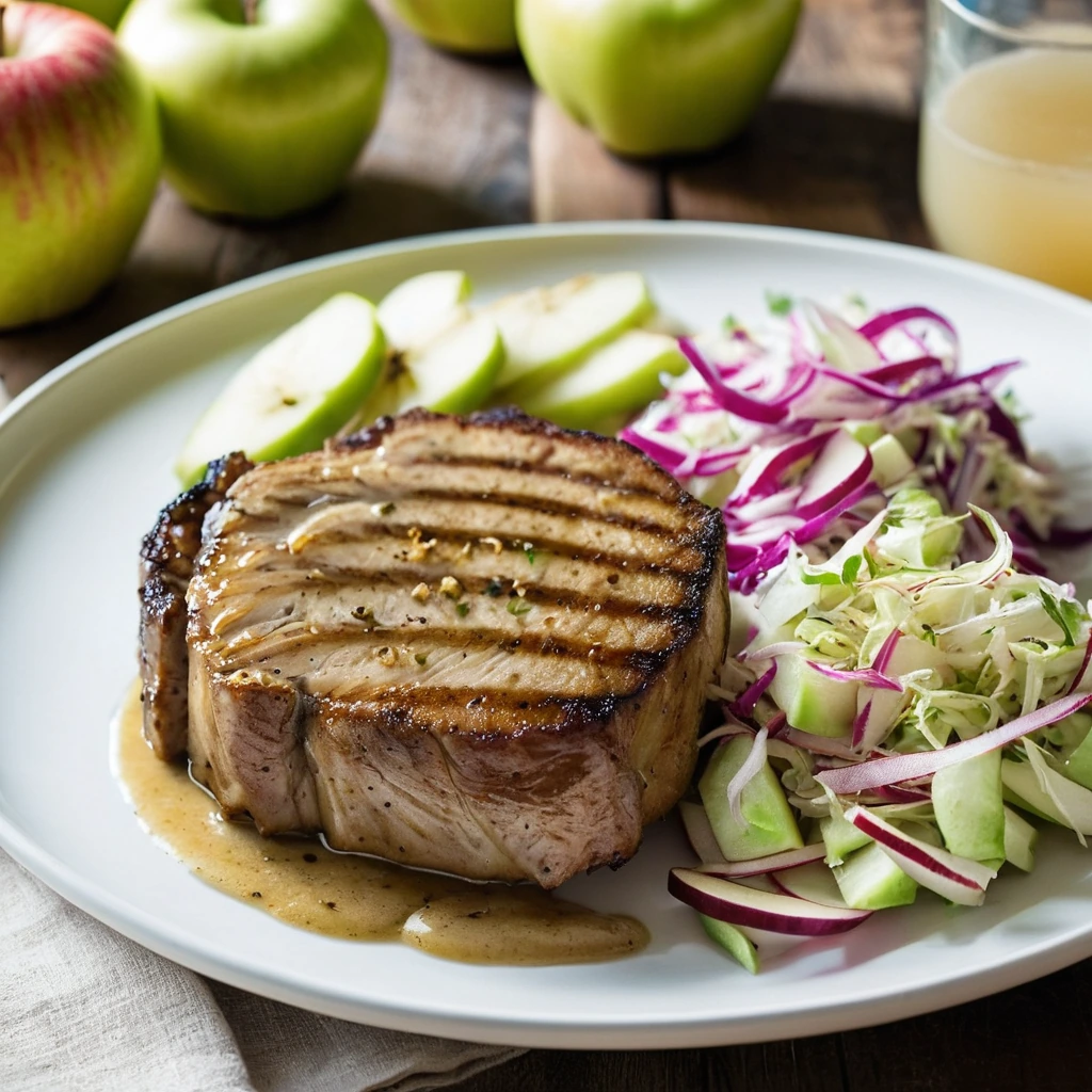 Golden pork chops on a plate with colorful apple slaw
