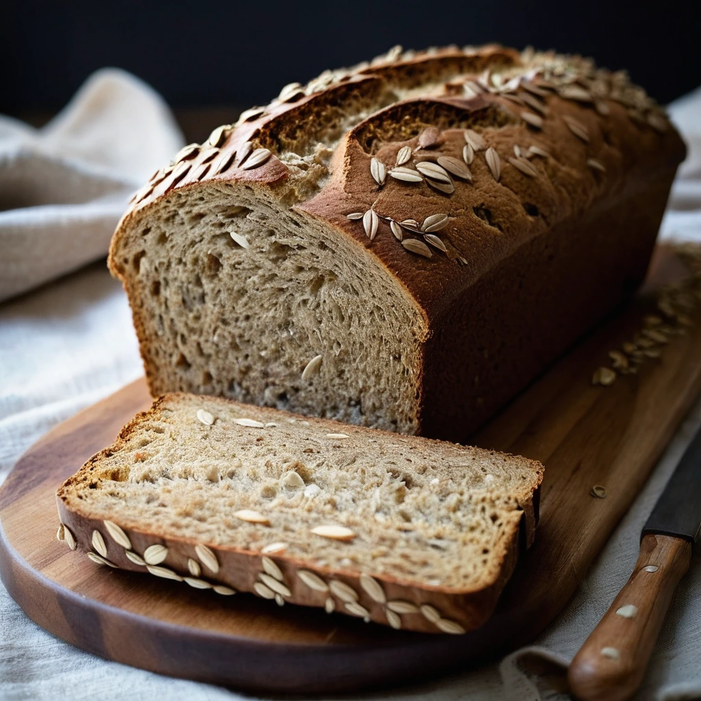 golden brown hearth bread loaf with visible oats, sliced and served on a rustic wooden board