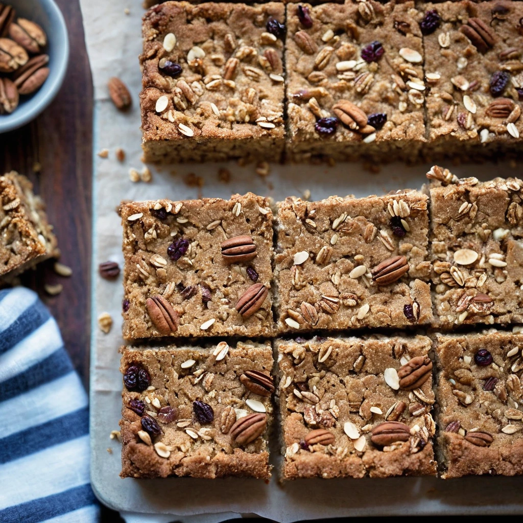 Golden baked oatmeal squares dusted with cinnamon and studded with toasted pecans on a rustic wooden board.