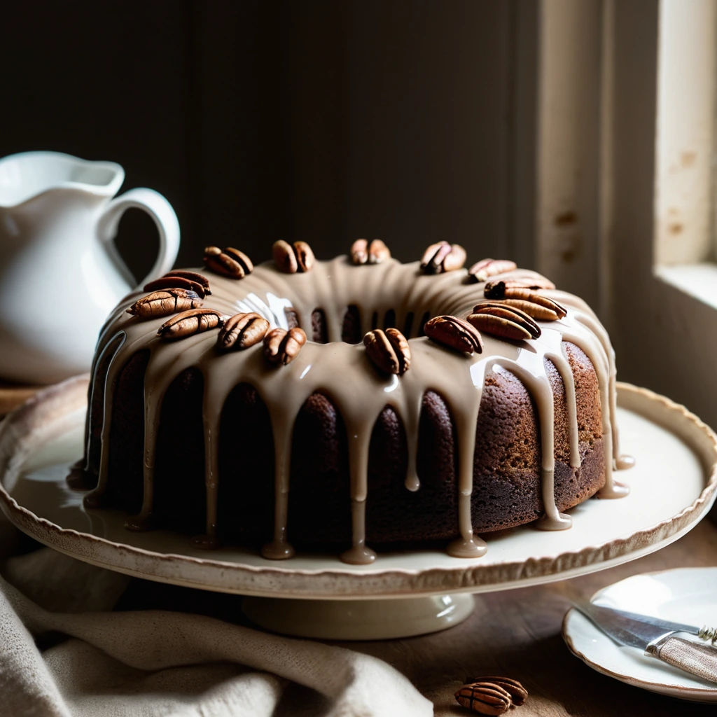Golden brown cake with caramelized pecans and a shiny glaze, served on a rustic plate.