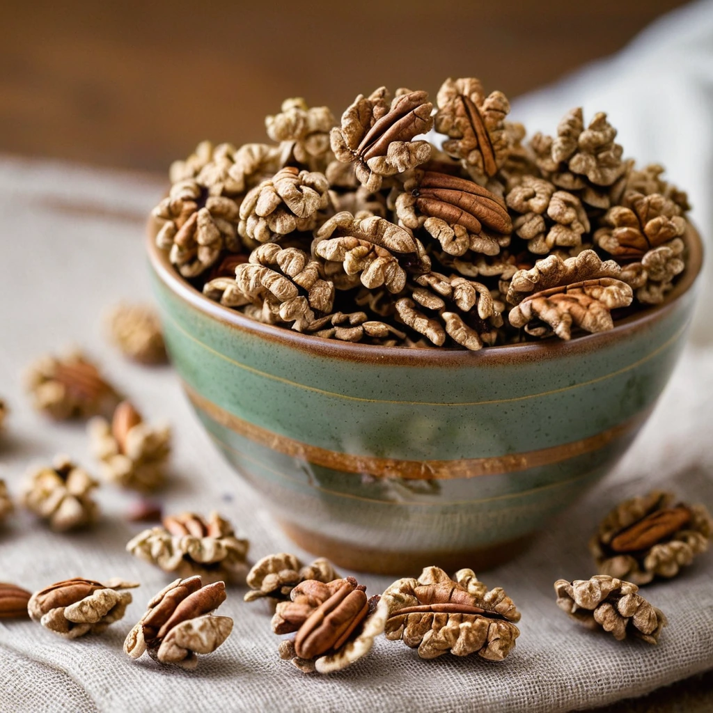 Rustic bowl of golden granola clusters with whole pecans and a sprinkle of cinnamon.
