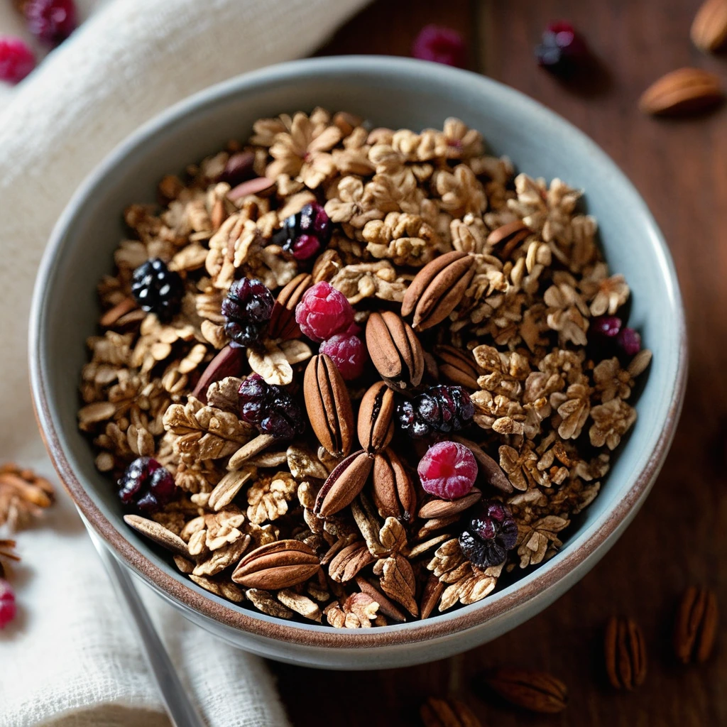 Golden granola clusters with visible pecans and dried cranberries in a rustic bowl