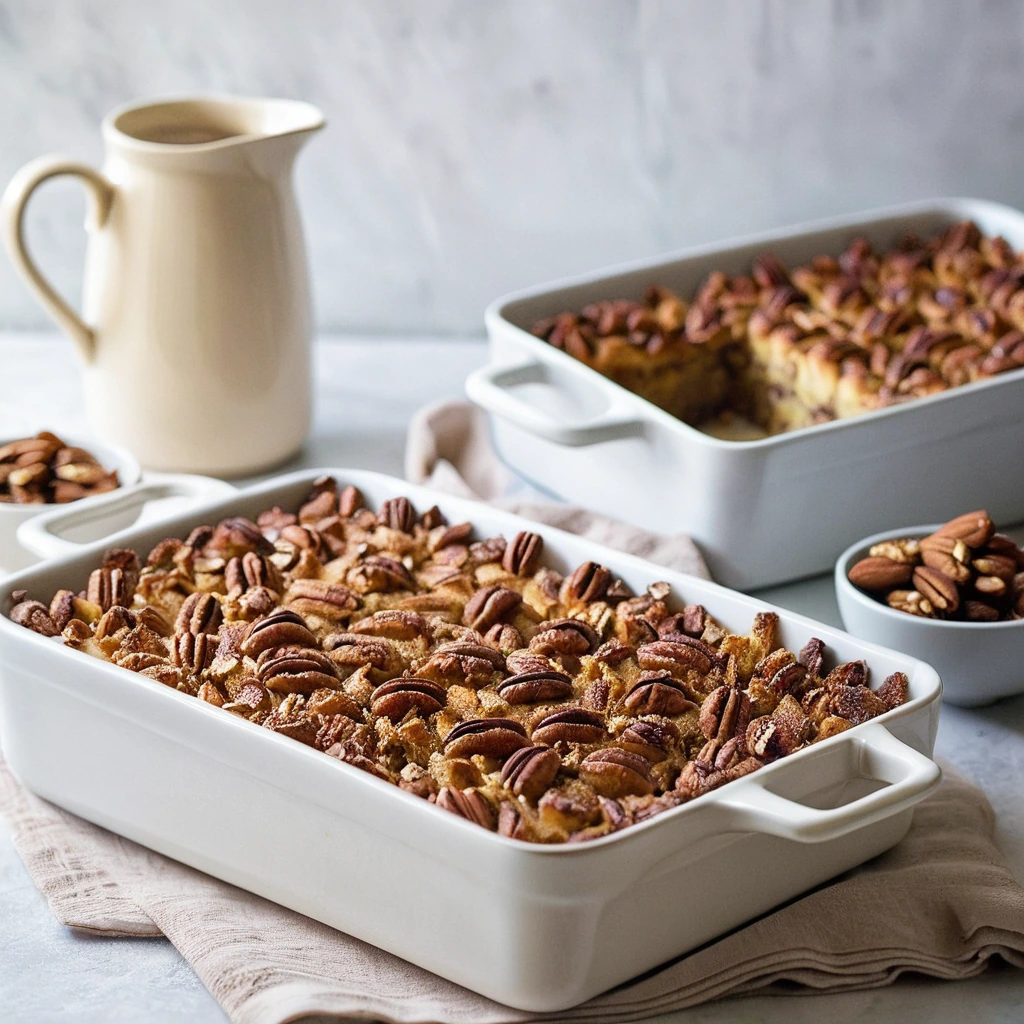 golden brown french toast casserole with pecan clusters and a drizzle of maple syrup in a rectangular baking dish
