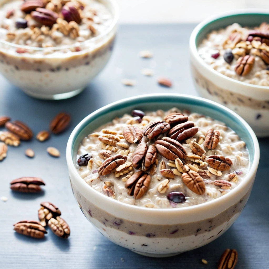 Bowl of thick, golden overnight oats topped with chopped pecans and a drizzle of maple syrup.