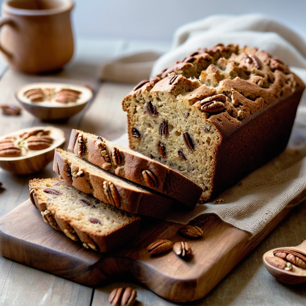 Golden brown loaf with visible pecan pieces, sliced and served on a rustic wooden board.