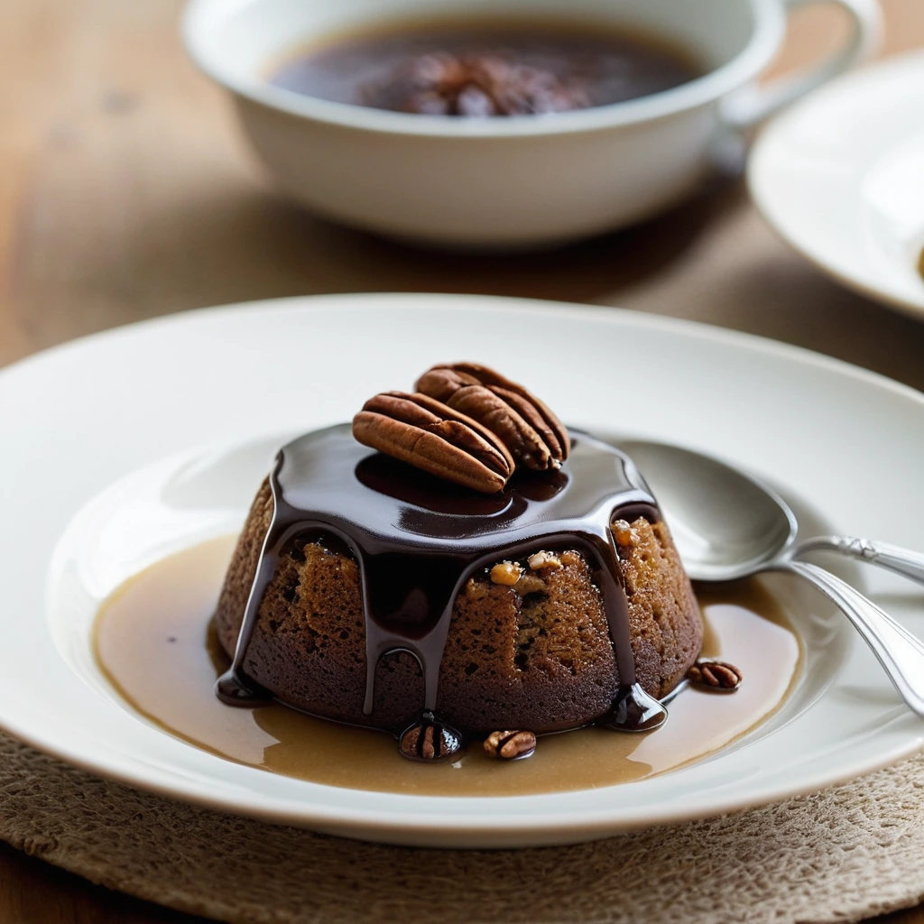 Golden pudding with caramelized pecan sauce in a shallow bowl, garnished with fresh mint.