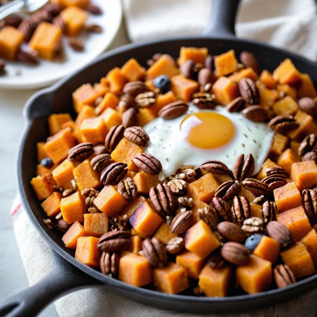 Golden sweet potato cubes mixed with toasted pecans in a skillet, drizzled with amber maple syrup.