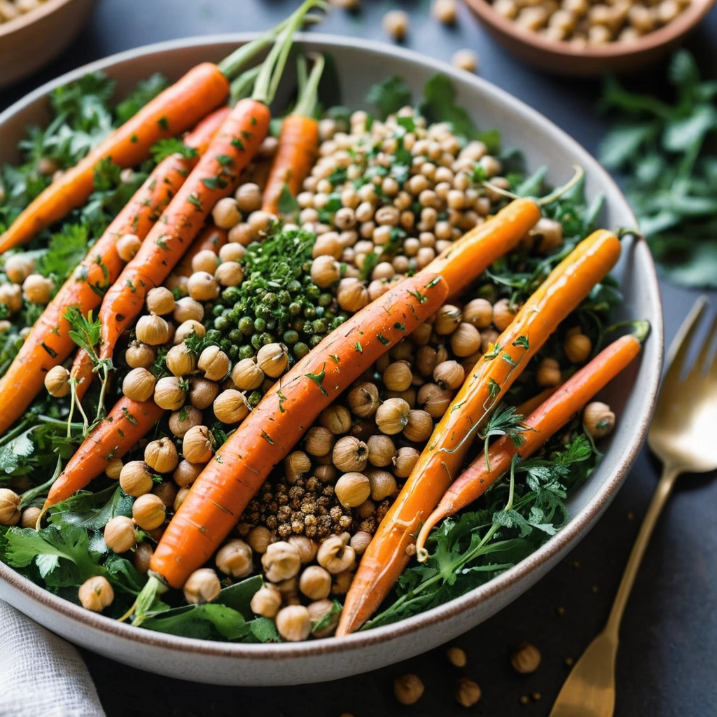 Vibrant orange roasted carrots and golden chickpeas nestled in a bed of green grains, dusted with fresh herbs.