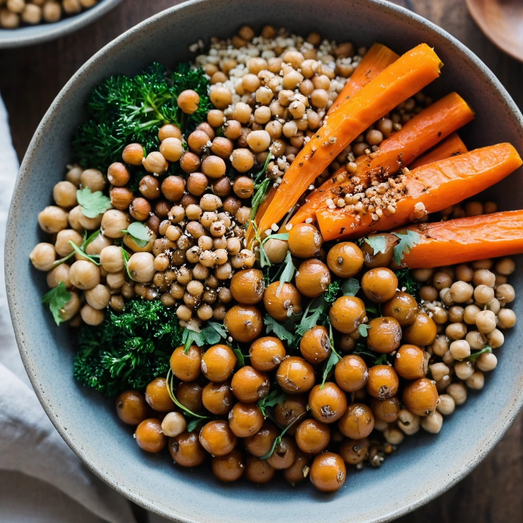 Vibrant orange roasted carrots and golden chickpeas over quinoa with a drizzle of maple glaze in a shallow bowl.