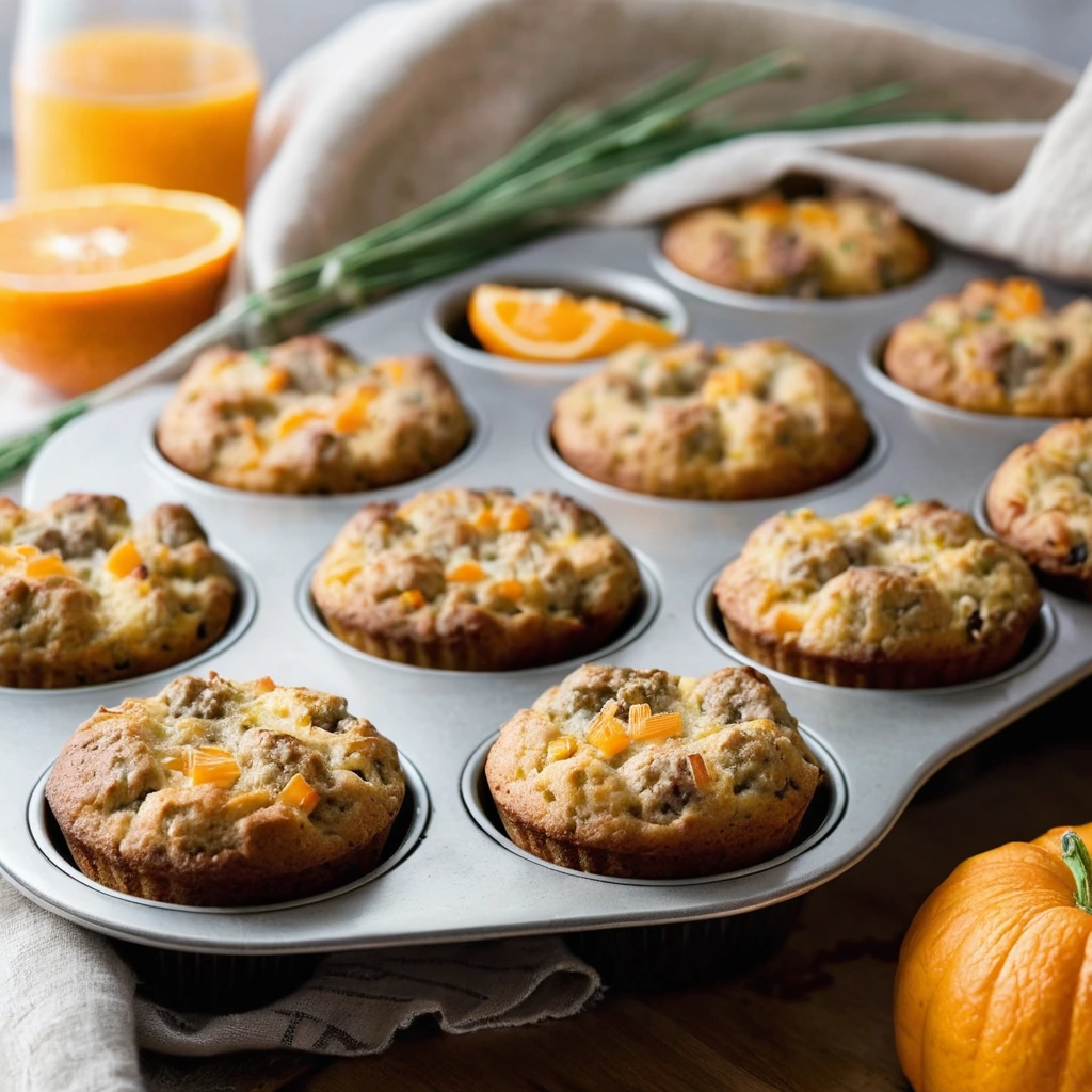 Golden muffins with flecks of green chives and melted orange cheddar cheese in a muffin tin.