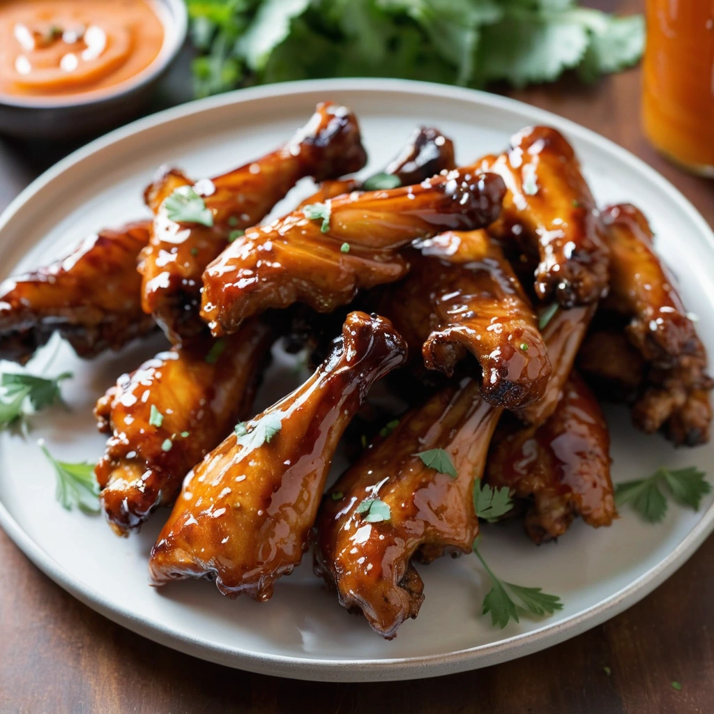 Golden chicken wings glistening with a glossy amber glaze arranged on a serving platter.
