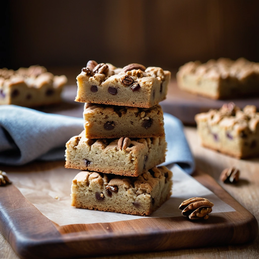 Golden square blondies with visible walnuts on a rustic wooden board.