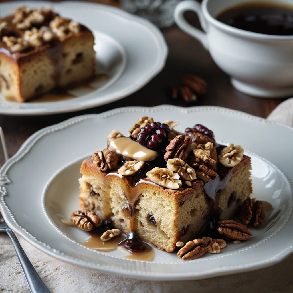 Golden brown bread pudding in a serving bowl with toasted walnuts and a drizzle of amber sauce.