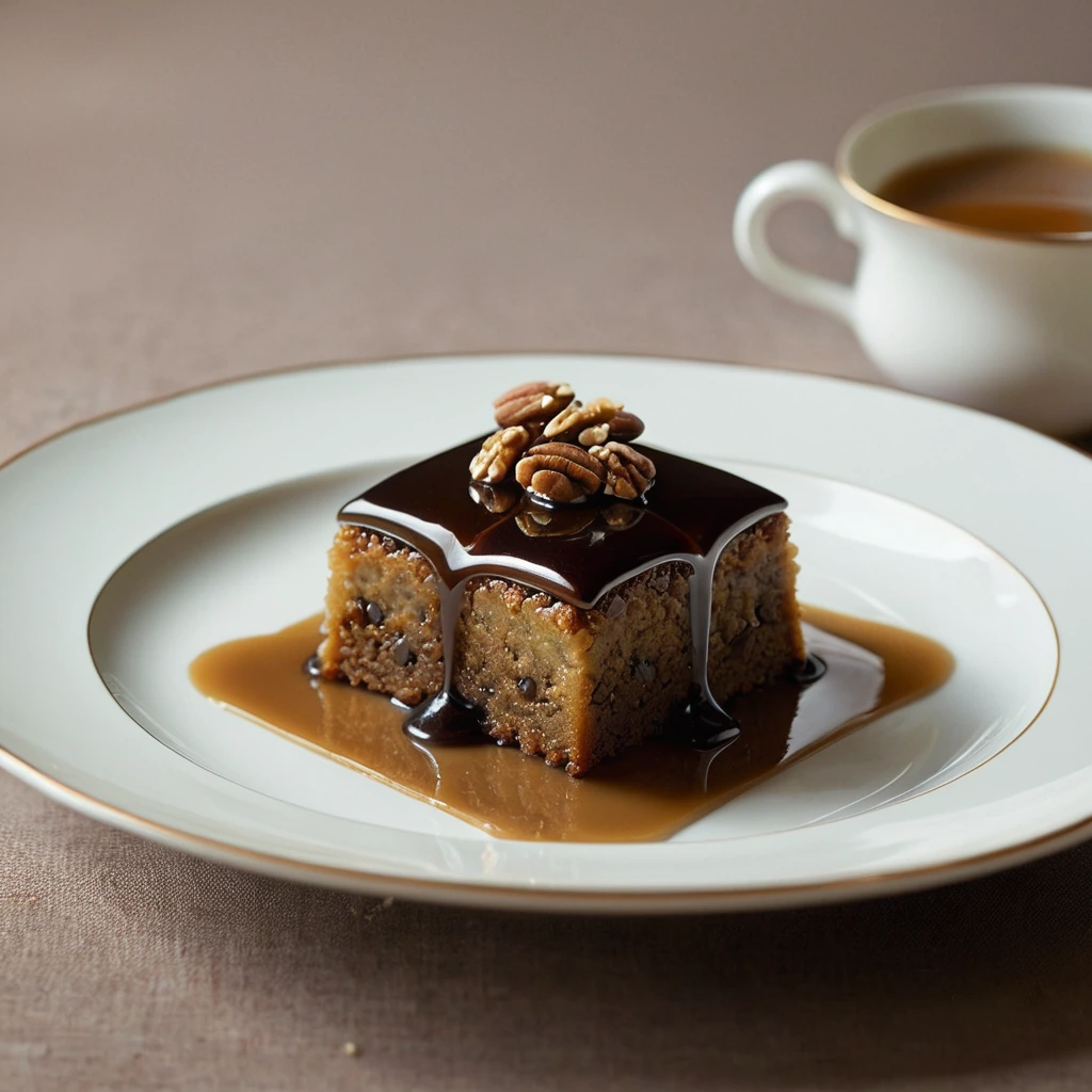 Golden pudding squares on a plate with a glossy amber sauce and scattered toasted walnuts.