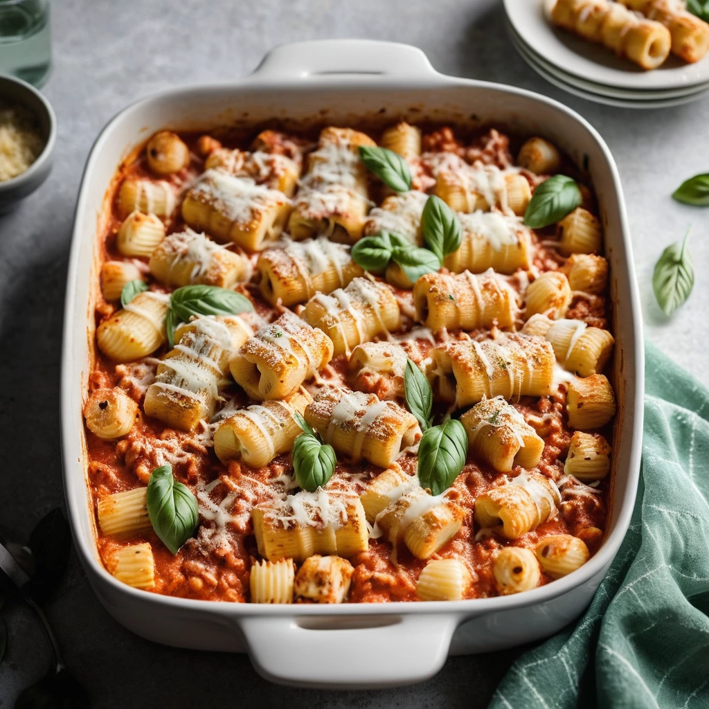 golden bubbly casserole in a baking dish with gnocchi, chicken chunks, and marinara sauce, sprinkled with melted mozzarella
