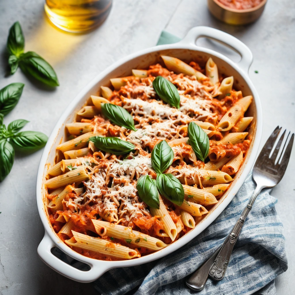 Golden bubbly casserole with penne pasta, chicken, and melted mozzarella in a red sauce