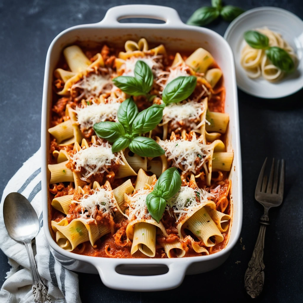 Baked pasta shells in a rich red sauce with shredded mozzarella on top, in a 9x13 inch baking dish.