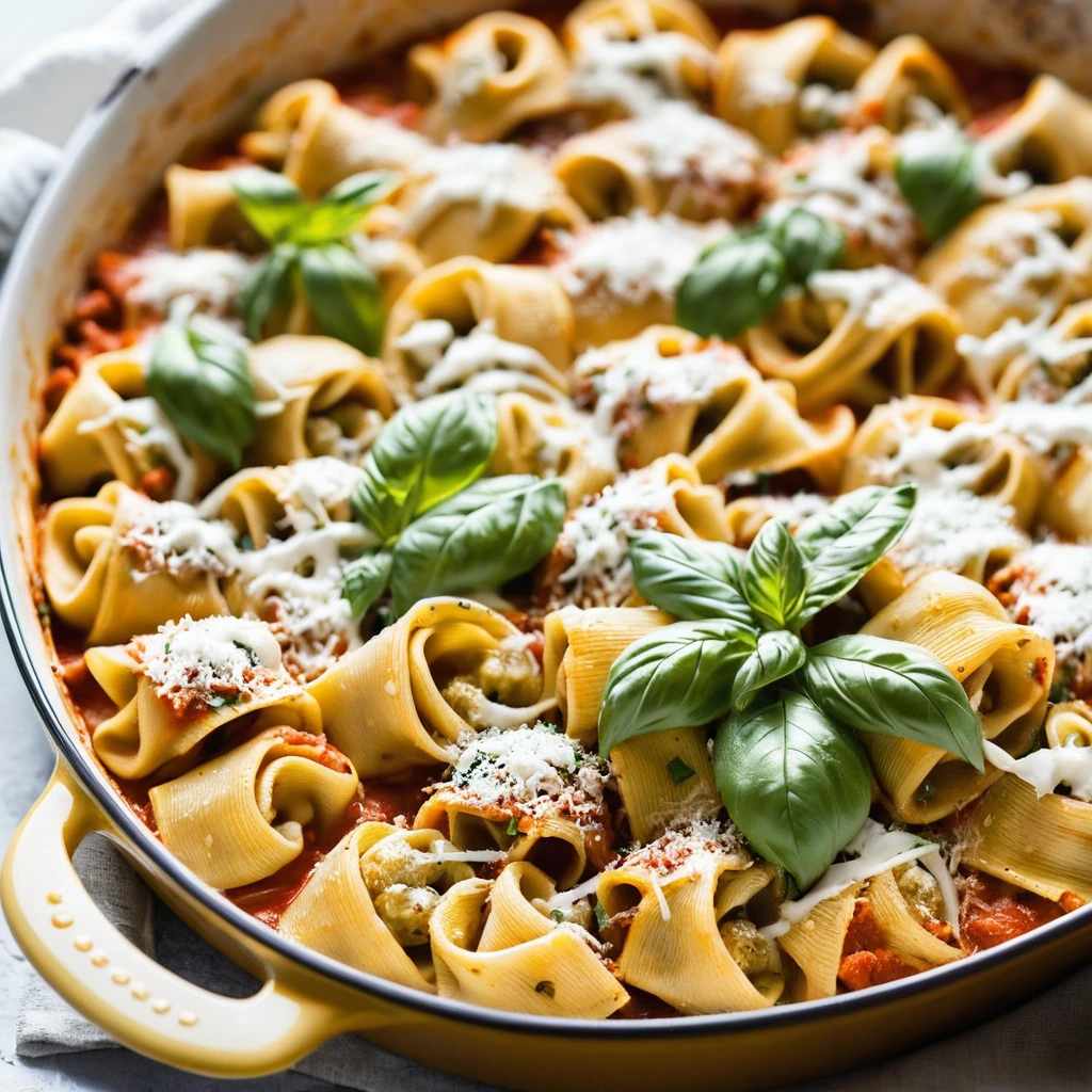 golden bubbly casserole with tortellini, chicken, and marinara sauce in a baking dish, sprinkled with melted mozzarella