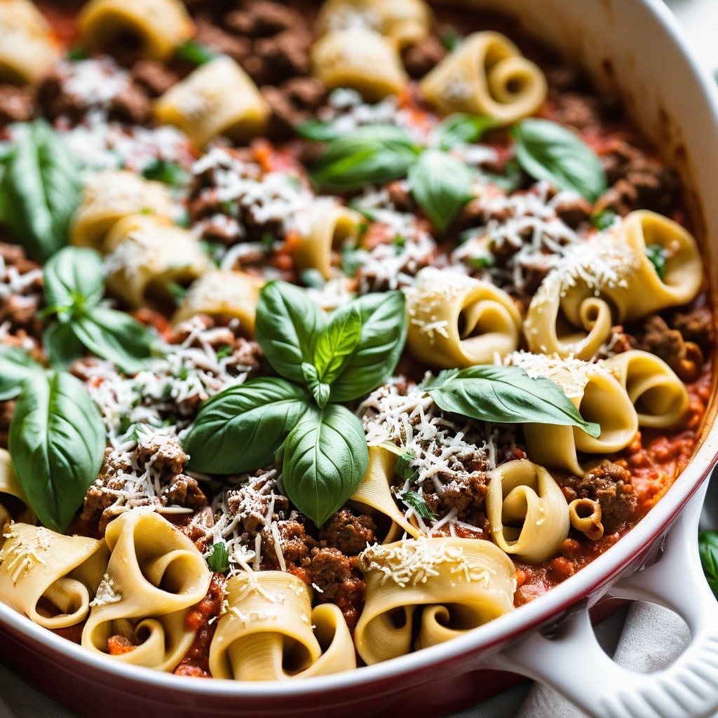 golden bubbly casserole with melted cheese on top, filled with tortellini and ground beef in a rich red sauce