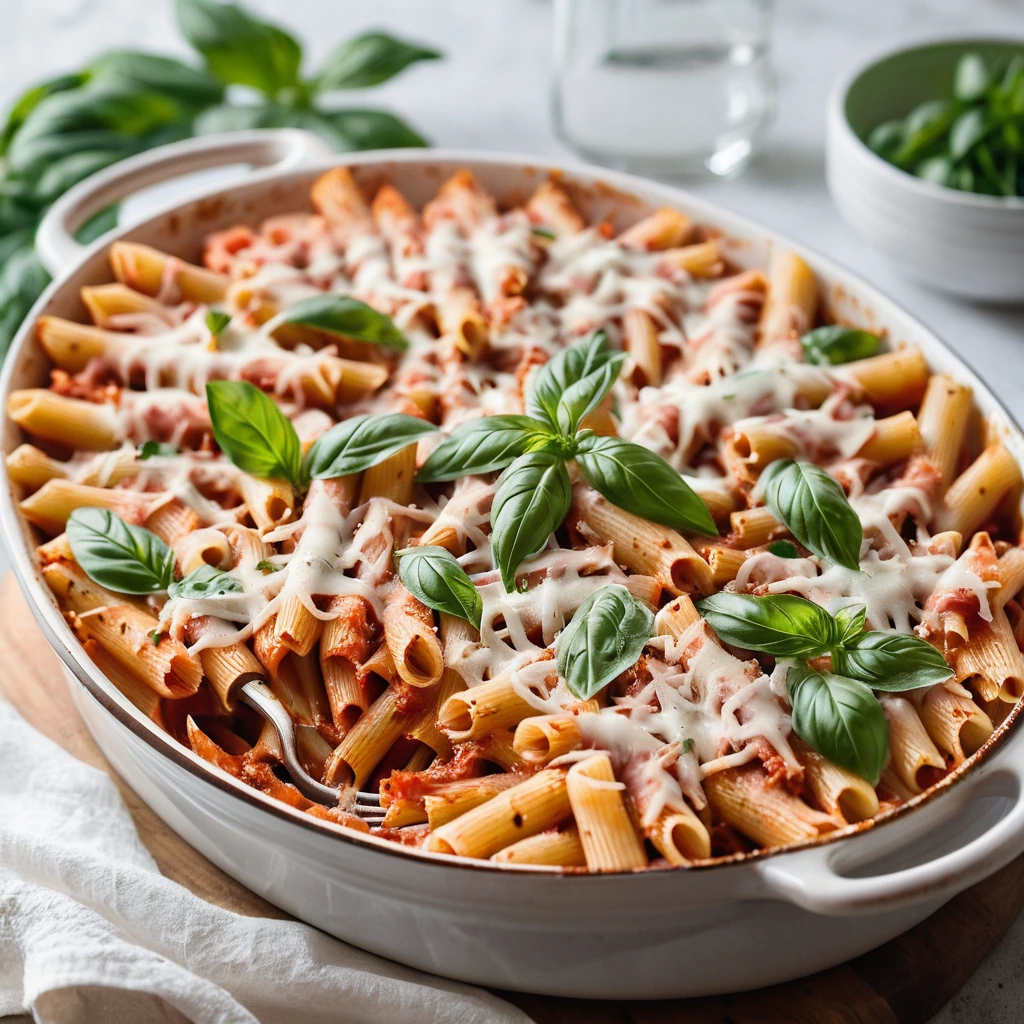 Baked penne pasta in a red marinara sauce with melted cheese and diced ham, served in a casserole dish.