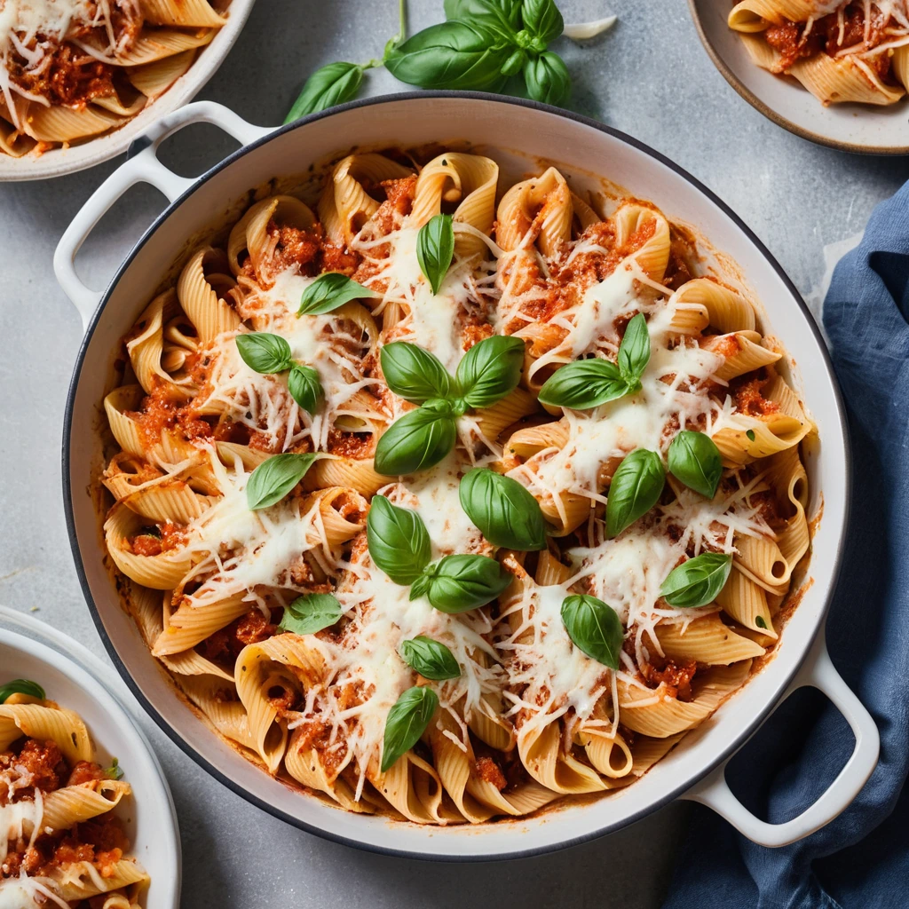 Baked pasta shells topped with melted mozzarella and parmesan, drenched in red sauce.