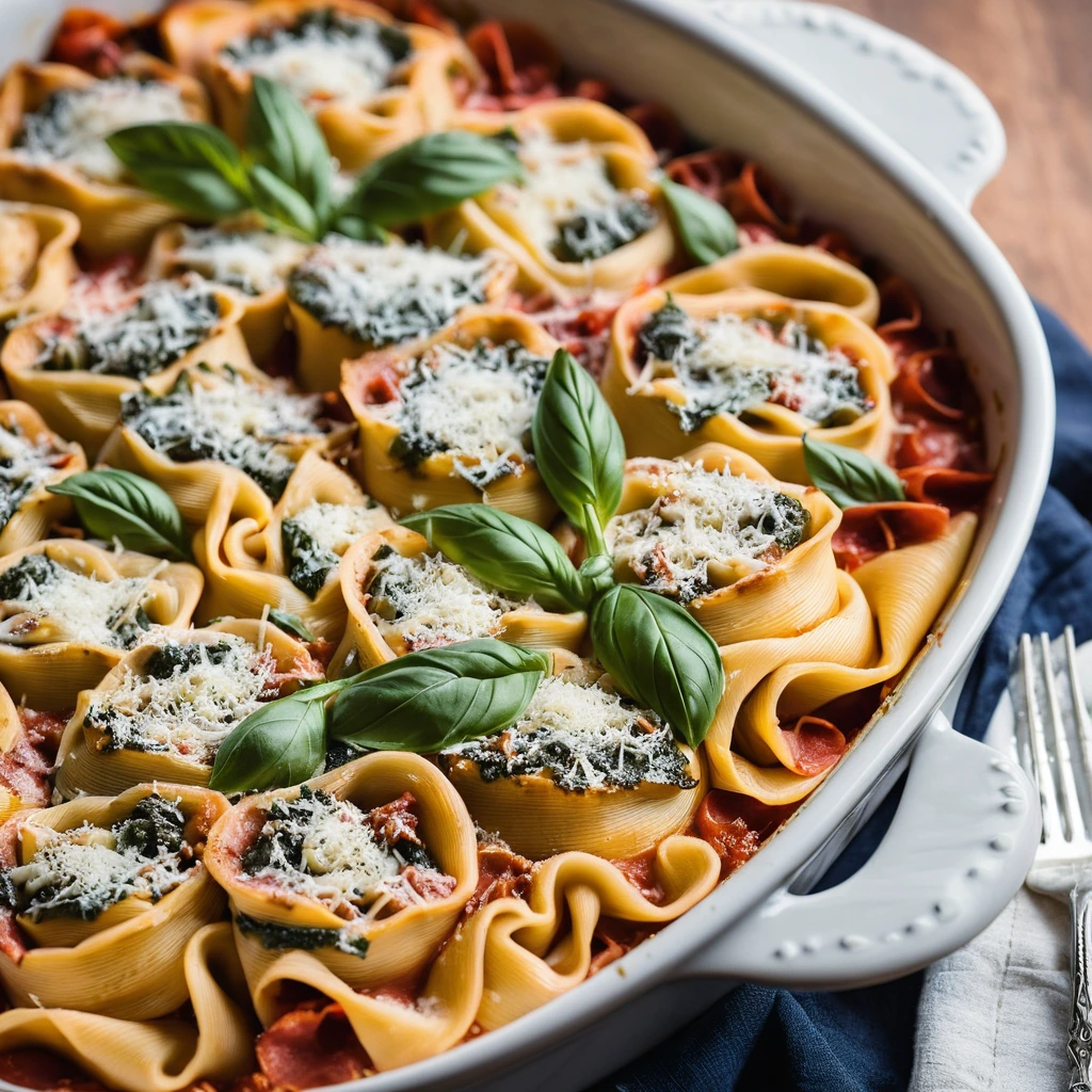 Baked dish with layers of tortellini, ham, and marinara sauce topped with melted cheese in a baking dish.