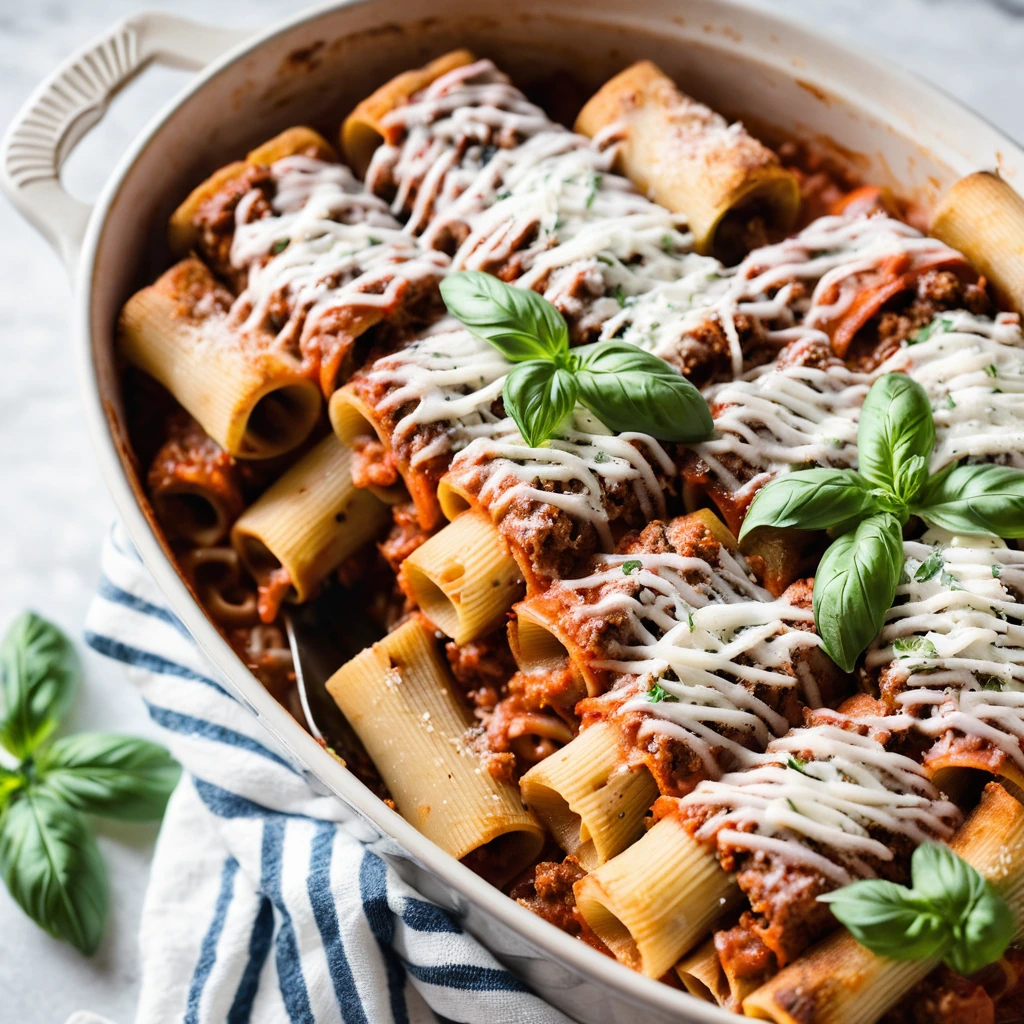 Baked rigatoni pasta smothered in marinara sauce, topped with melted mozzarella and Italian sausage.