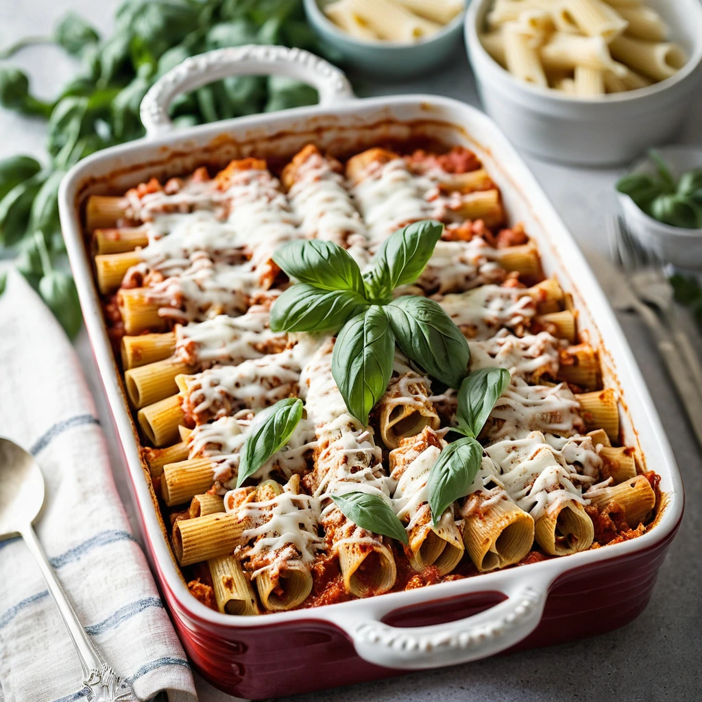 Baked rigatoni with ground turkey and marinara sauce, topped with melted mozzarella in a rectangular baking dish.