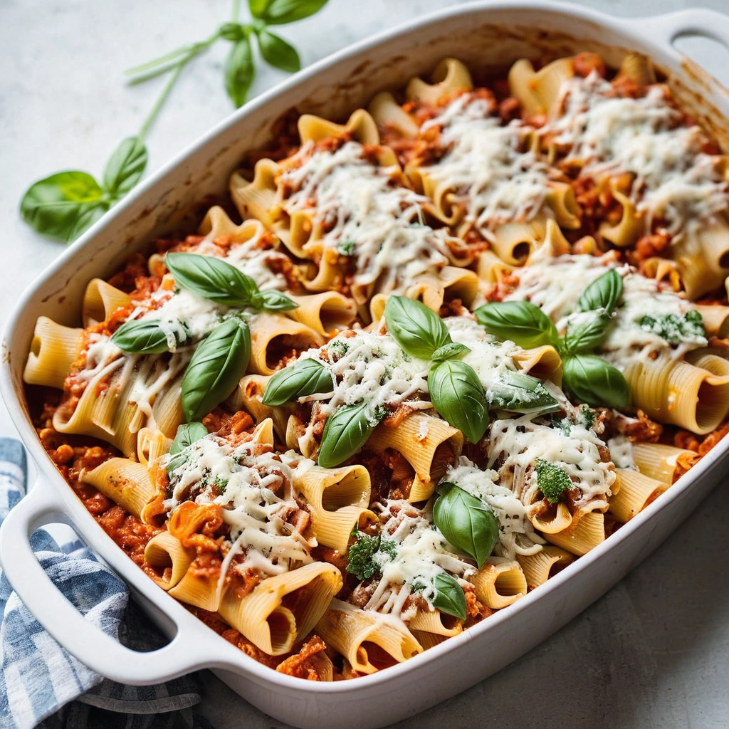 Baked pasta shells in a red sauce with melted cheese on top, served in a casserole dish.