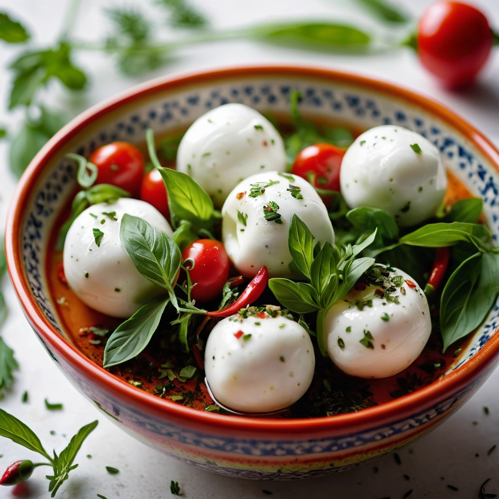 Plump mozzarella balls in a colorful bowl, surrounded by bright green herbs and red chili flakes.