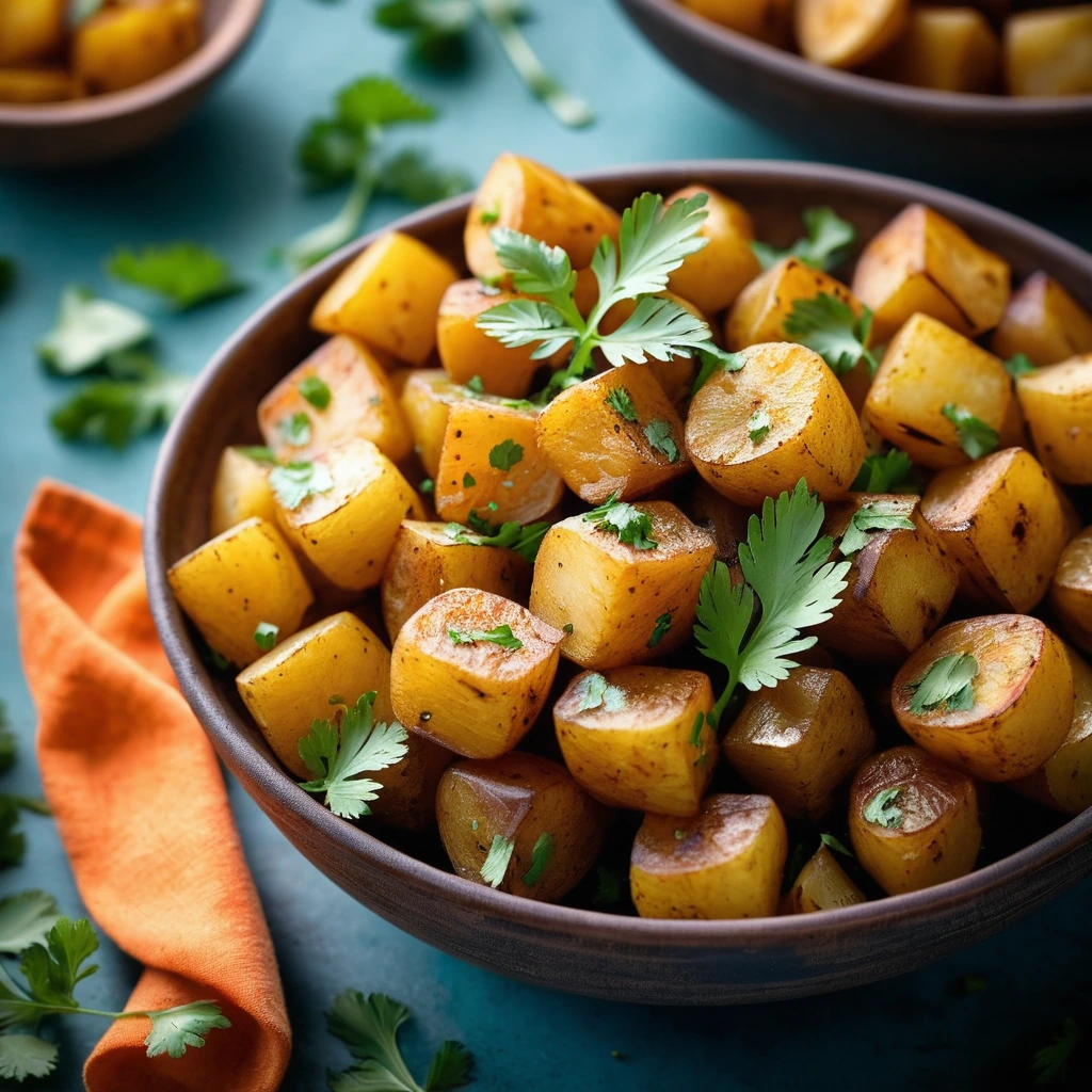 A bowl of golden-brown potato cubes in a vibrant orange sauce, garnished with fresh cilantro.