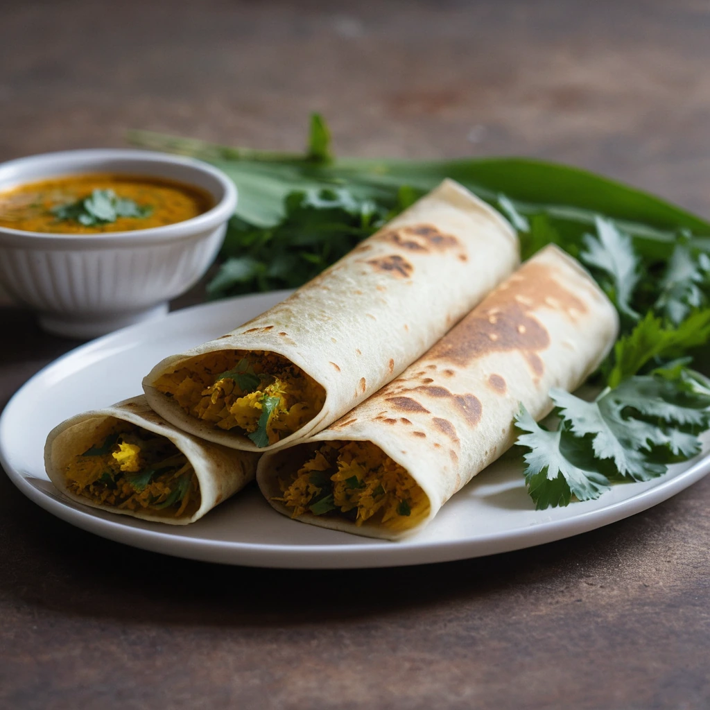 Stacked golden dosas with a sprinkle of fresh cilantro and a side of red chutney in a white plate.