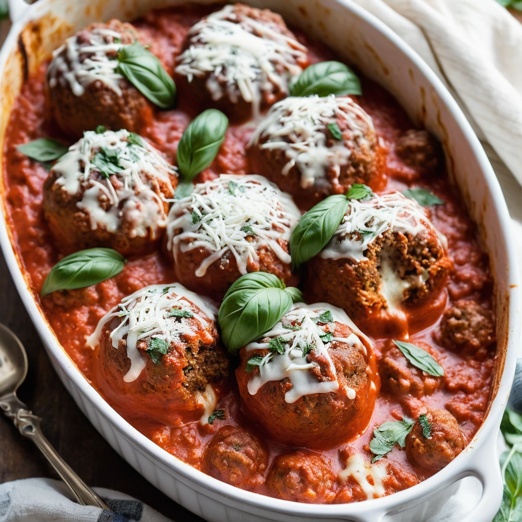A golden, bubbly casserole dish with meatballs covered in marinara sauce and melted mozzarella cheese.