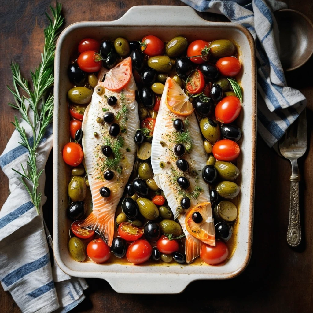 Golden cod fillets surrounded by vibrant red tomatoes and green olives on a rustic oven tray.