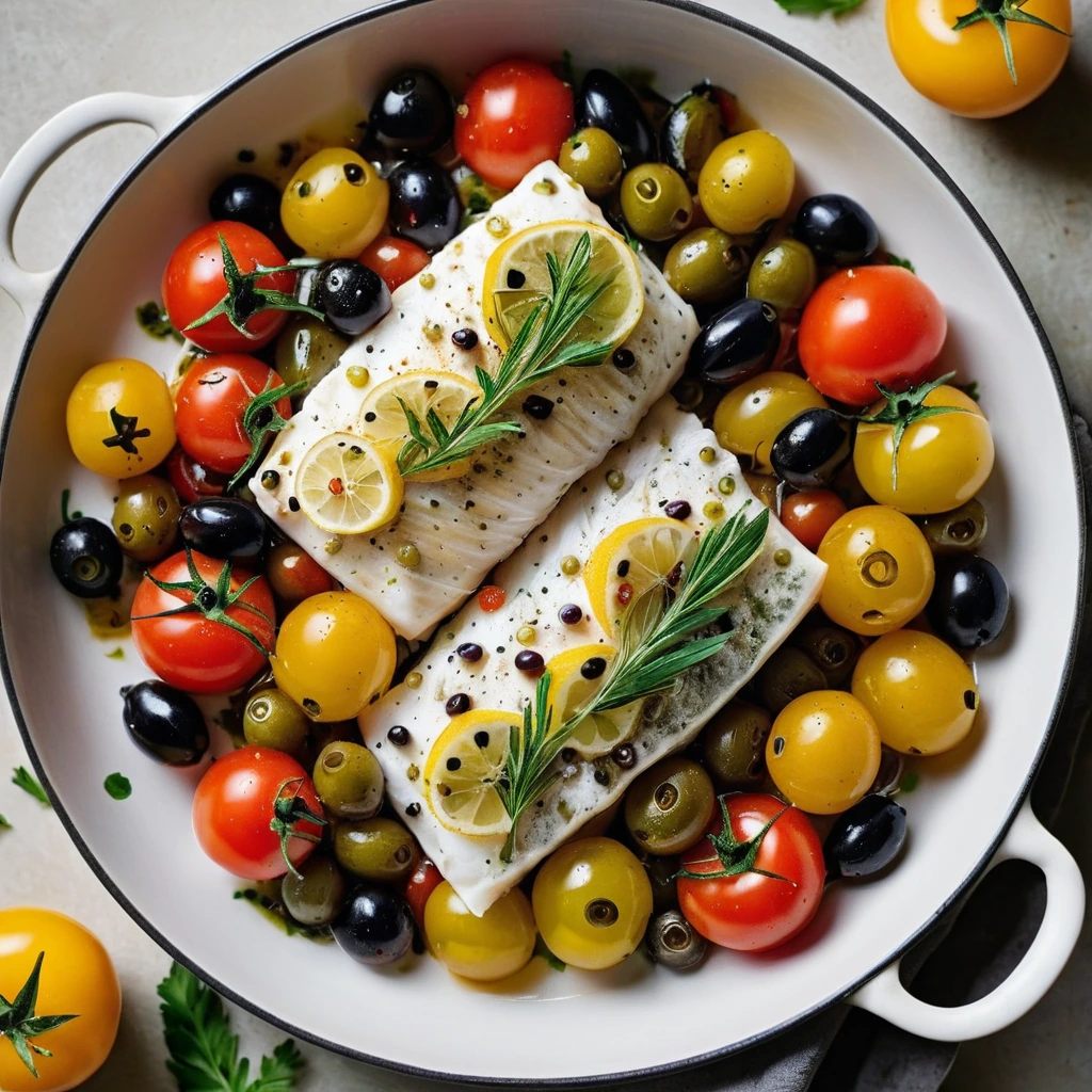 Golden cod fillets on a bed of red and yellow cherry tomatoes and green olives in a baking dish, garnished with fresh parsley and lemon slices.
